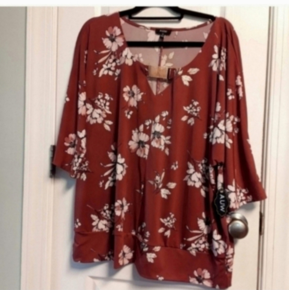 AUW NWT Women's Floral Rust Tan Blush Pink Top 2X Gold Hardware Office Summer